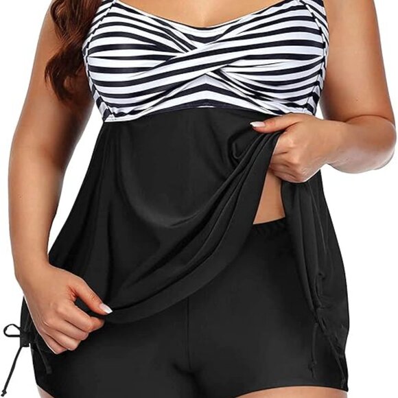 AQUA EVE FLOWY BLACK WHITE STRIPE TWIST FRONT BOY SHORTS TANKINI SET SIZE 18 NWT - Picture 8 of 8